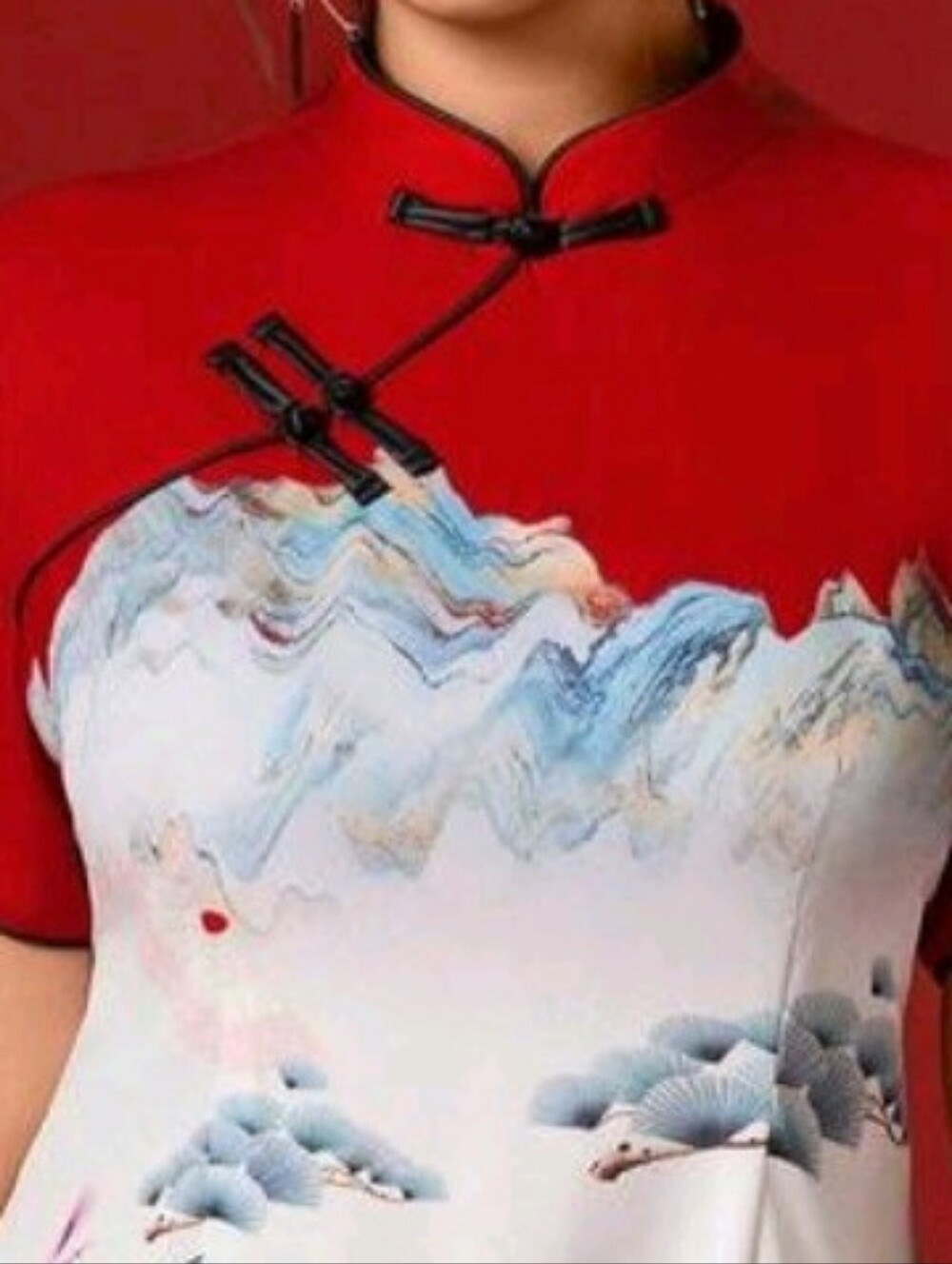 SHEIN Red and White Floral Landscape Cheongsam-Inspired Mini Dress - Picture 5 of 9